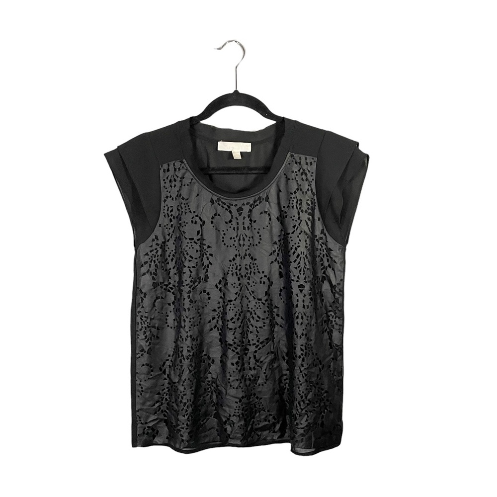 Lumiere Short Sleeve Sheer Faux Leather Patterned Contemporary Blouse Size Small